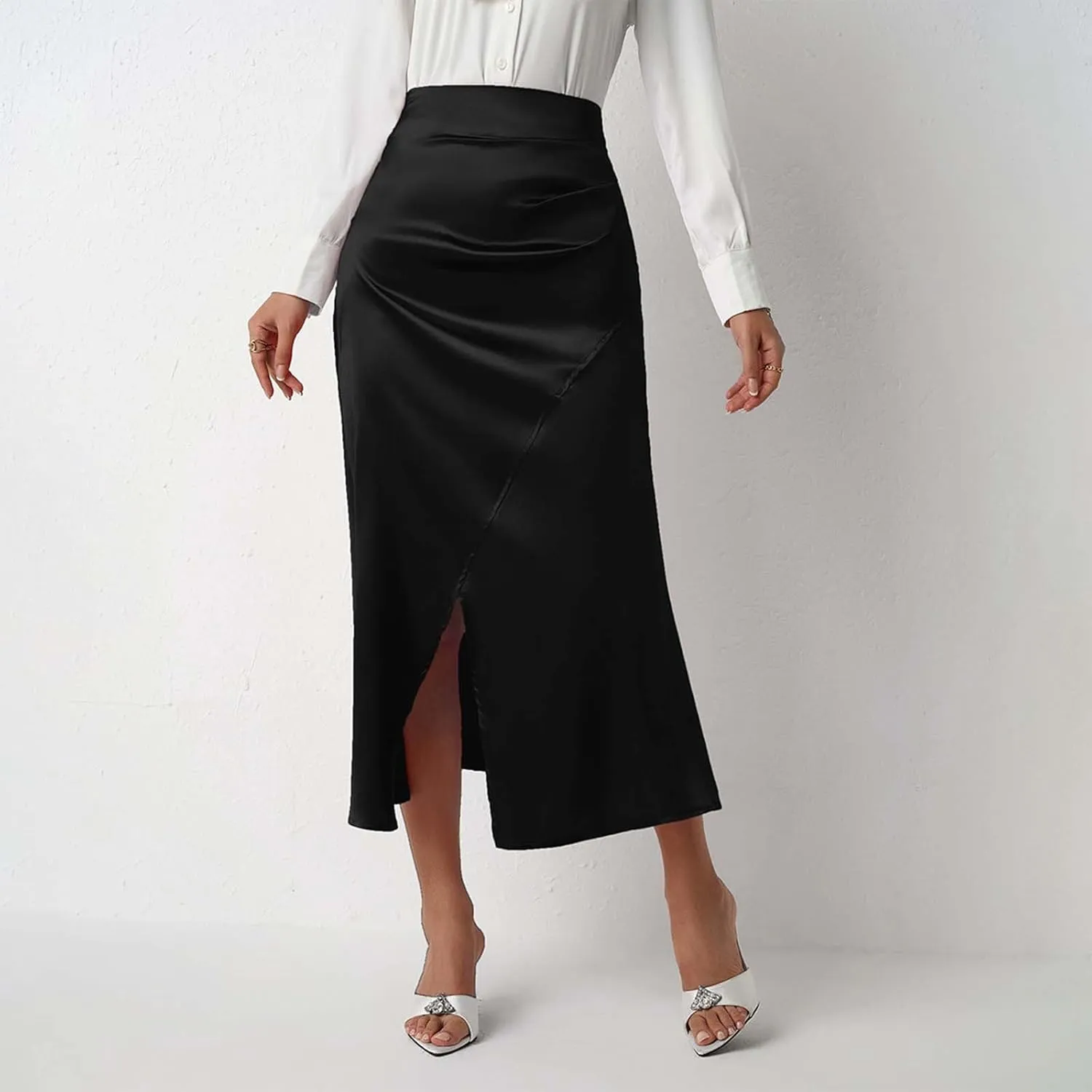 Womens Summer Skirt 2025 Silk Elegant High Waist Cocktail Party Wedding Split Midi Skirt Satin Maxi Skirts