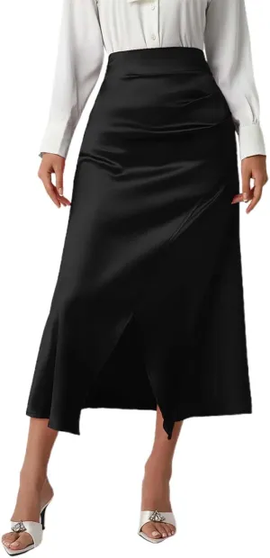 Womens Summer Skirt 2025 Silk Elegant High Waist Cocktail Party Wedding Split Midi Skirt Satin Maxi Skirts