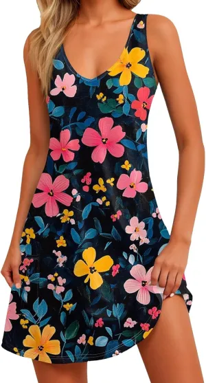 Womens Summer Sleeveless Dresses V Neck 2025 Loose Sundresses Beach Swimsuit Coverup with Pockets