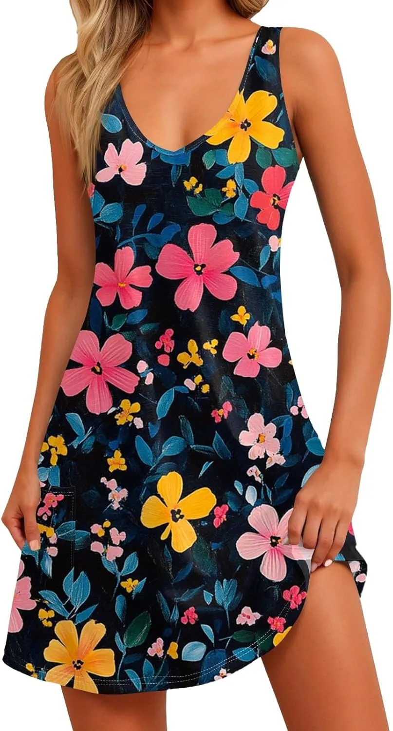 Womens Summer Sleeveless Dresses V Neck 2025 Loose Sundresses Beach Swimsuit Coverup with Pockets