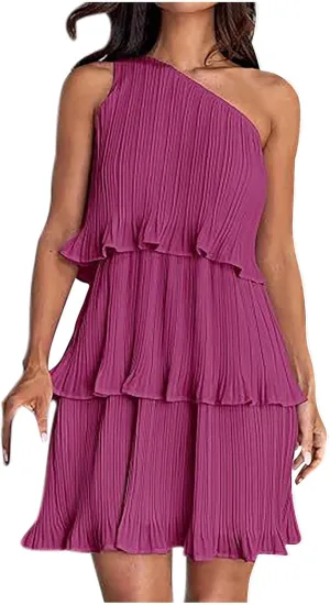 Women's Summer Sleeveless Mini Dress Boho One Shoulder Ruffle Tiered Layered Short Sundress Flowy Casual A Line Dress
