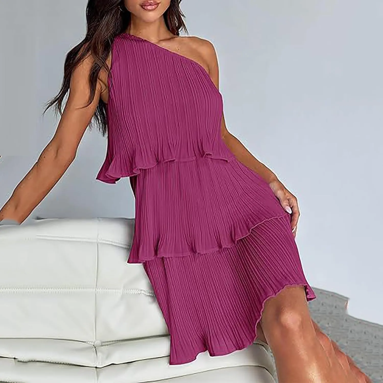 Women's Summer Sleeveless Mini Dress Boho One Shoulder Ruffle Tiered Layered Short Sundress Flowy Casual A Line Dress