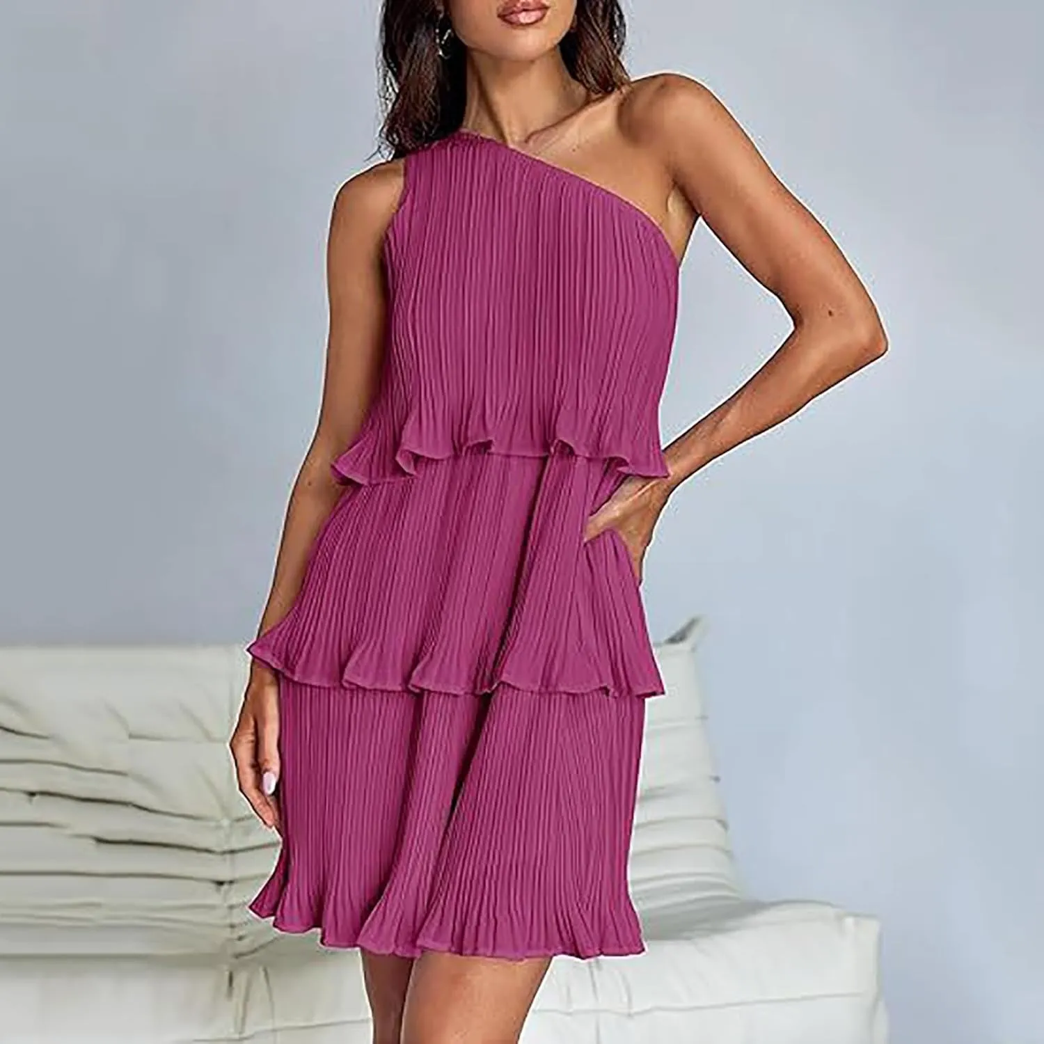 Women's Summer Sleeveless Mini Dress Boho One Shoulder Ruffle Tiered Layered Short Sundress Flowy Casual A Line Dress