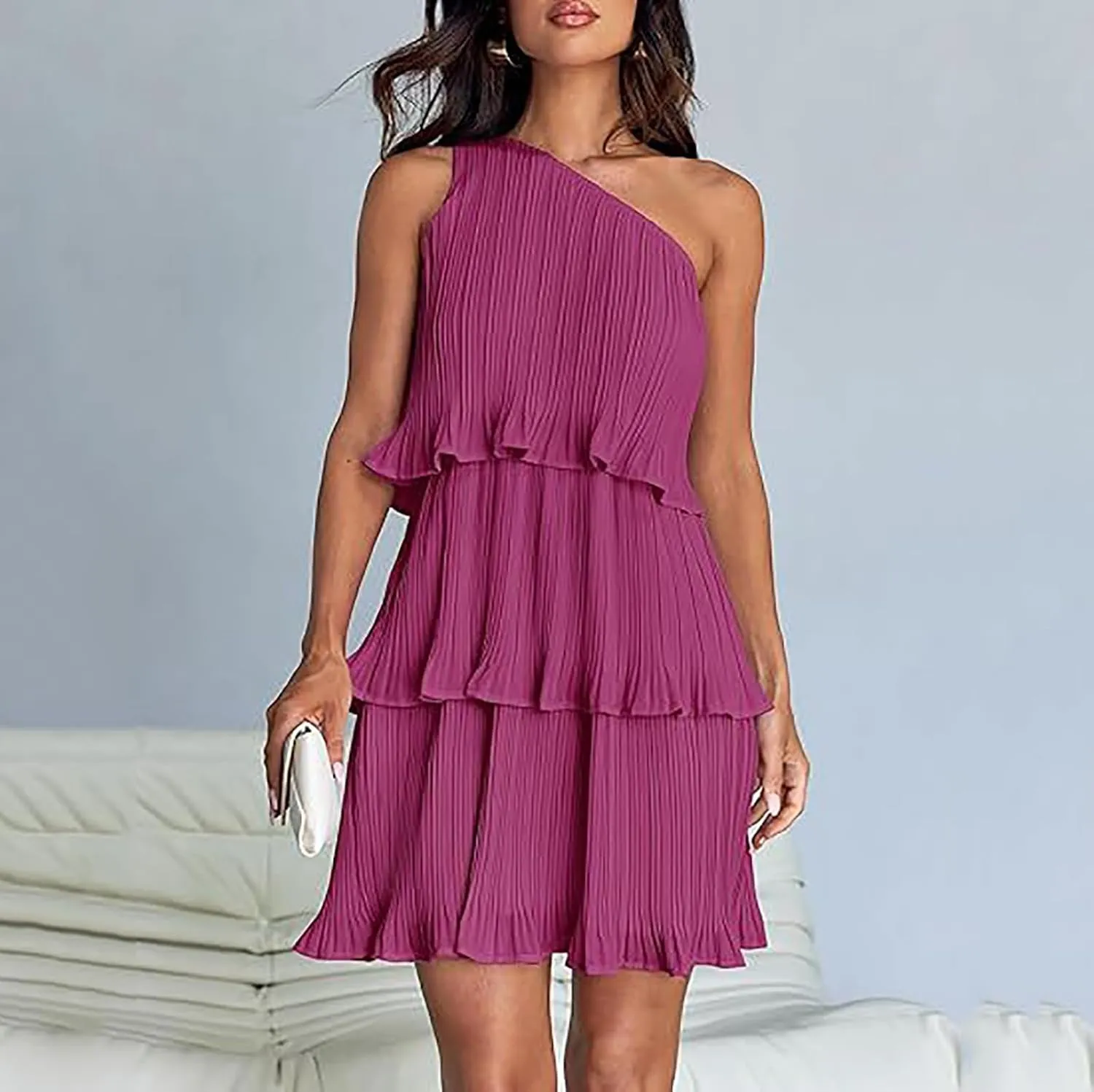 Women's Summer Sleeveless Mini Dress Boho One Shoulder Ruffle Tiered Layered Short Sundress Flowy Casual A Line Dress