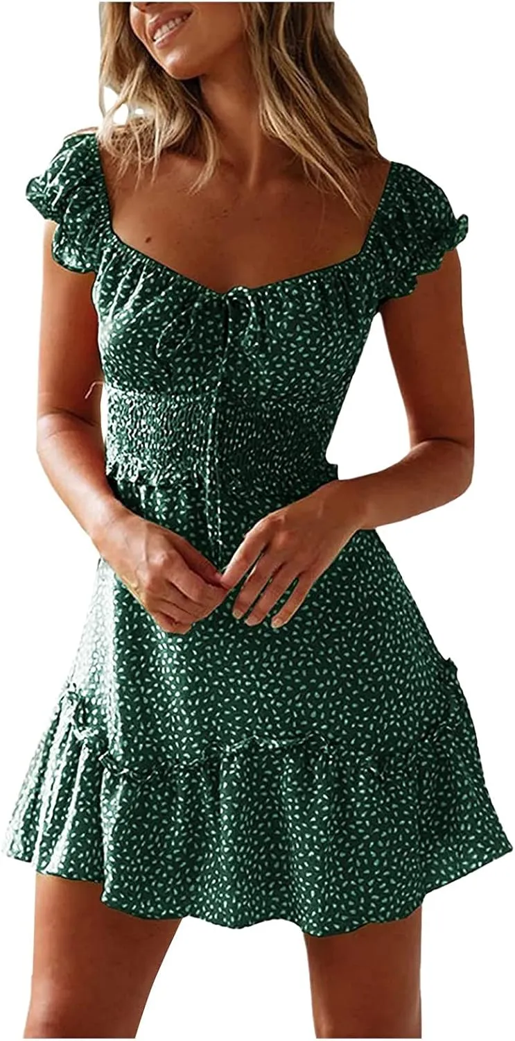 Womens Summer Sundress Casual Ruffle Sleeve Tie Front Mini Dress Sexy Short Dress Floral Boho Vacation Dresses