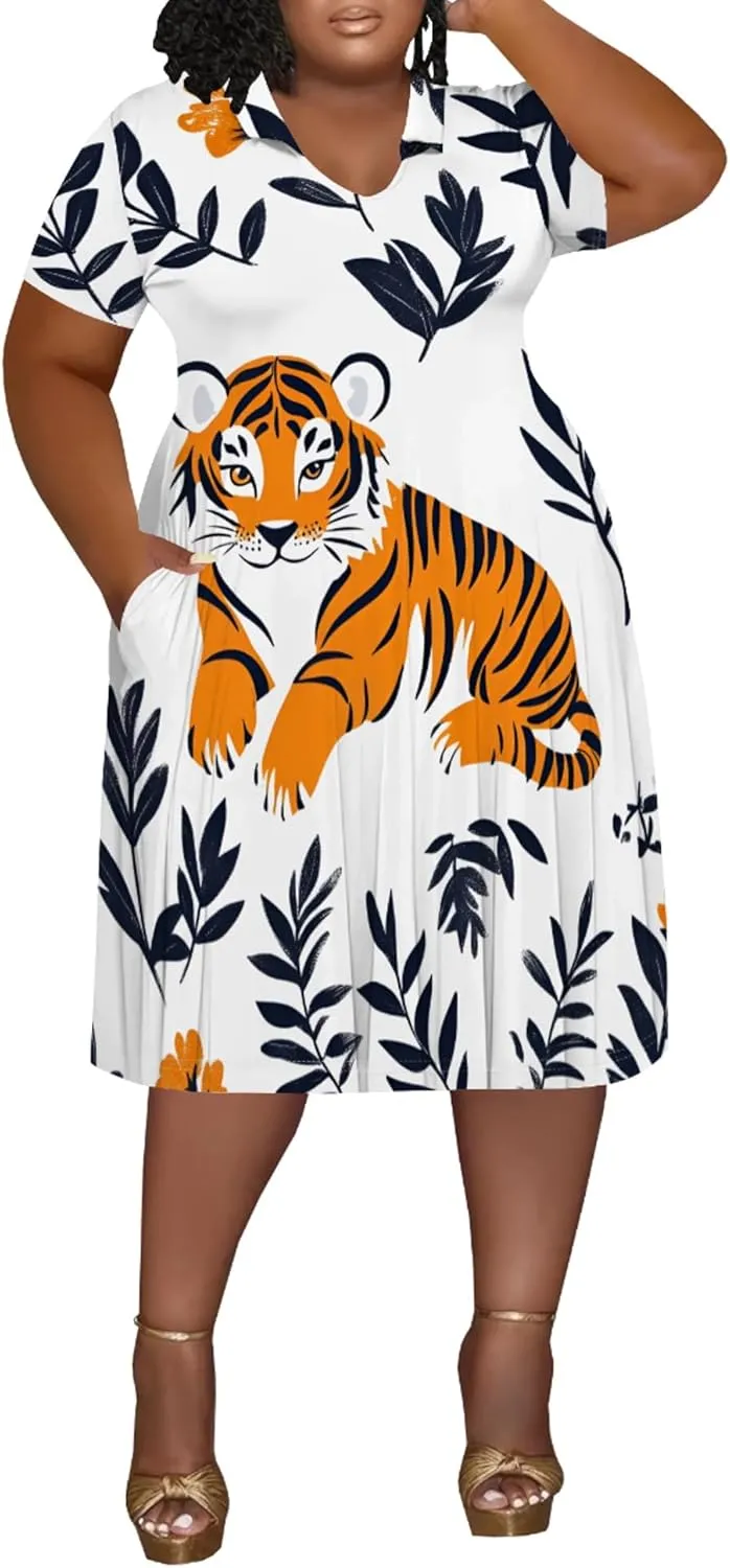 Women's Summer Sundress Short Sleeve Midi Tshirt Dresses Casual Floral Print Plus Size A-Line Tunic Dress with Pocket