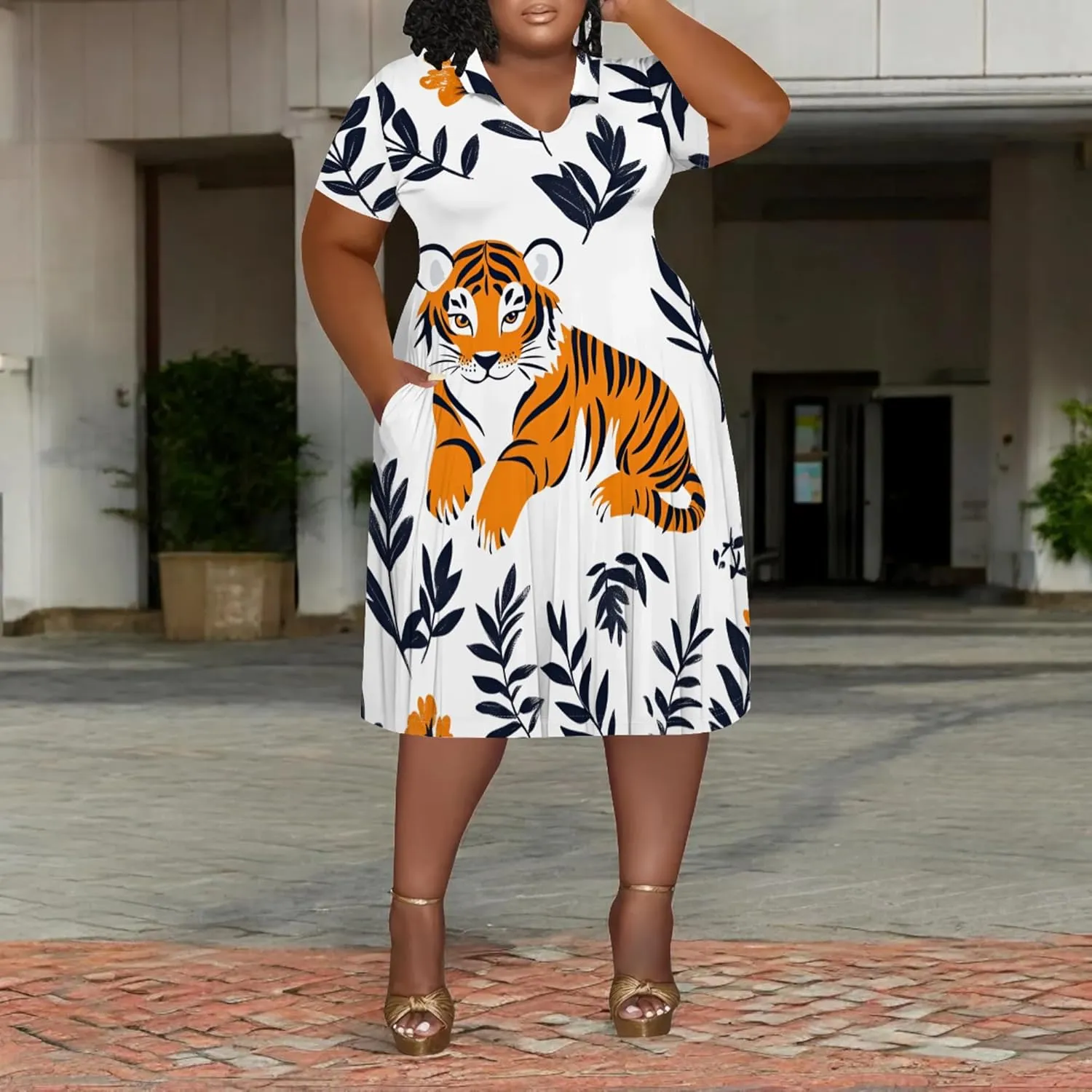 Women's Summer Sundress Short Sleeve Midi Tshirt Dresses Casual Floral Print Plus Size A-Line Tunic Dress with Pocket