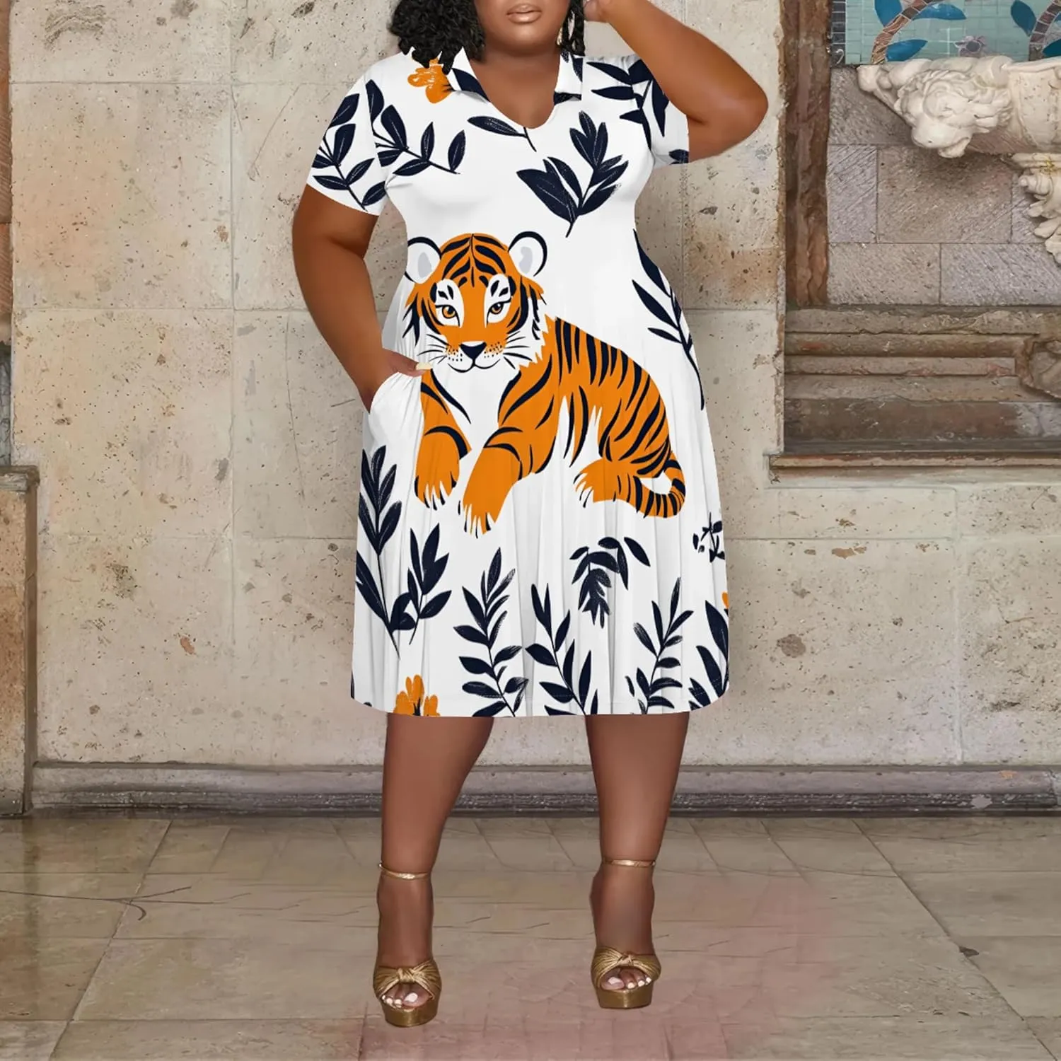 Women's Summer Sundress Short Sleeve Midi Tshirt Dresses Casual Floral Print Plus Size A-Line Tunic Dress with Pocket