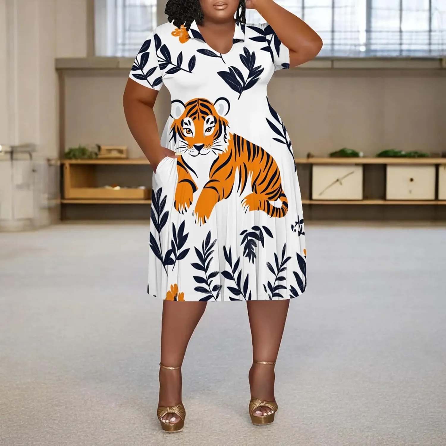 Women's Summer Sundress Short Sleeve Midi Tshirt Dresses Casual Floral Print Plus Size A-Line Tunic Dress with Pocket