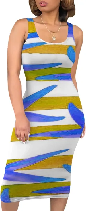 Women's Summer Sundress Sleeveless Square Neck Autumn Boho Floral Print Tie Dye Elastic Waist Ruffle Midi Dresses 2024
