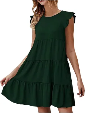Womens Summer Sundresses 2024 Loose Sleeveless Solid Tiered Ruffle Dresses Swing Vacation Crew Neck Midi Dress