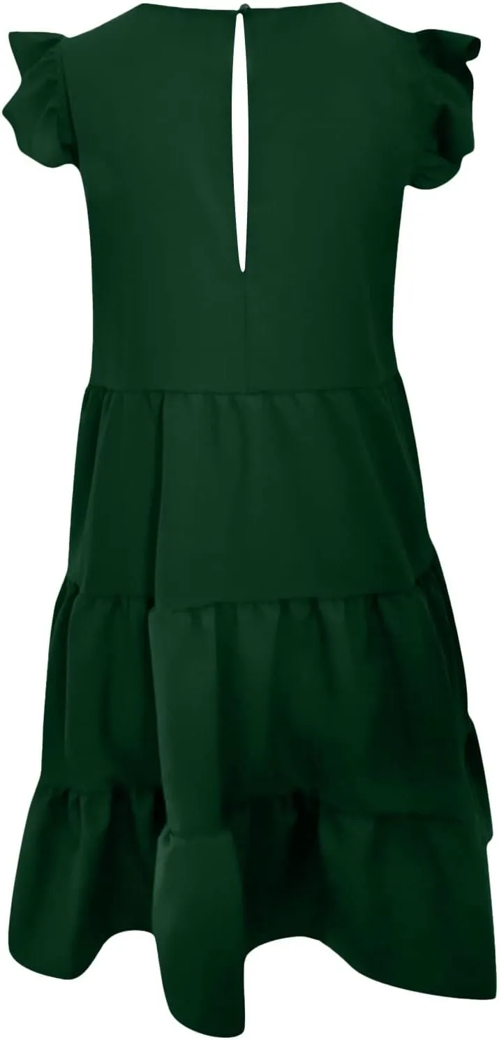 Womens Summer Sundresses 2024 Loose Sleeveless Solid Tiered Ruffle Dresses Swing Vacation Crew Neck Midi Dress