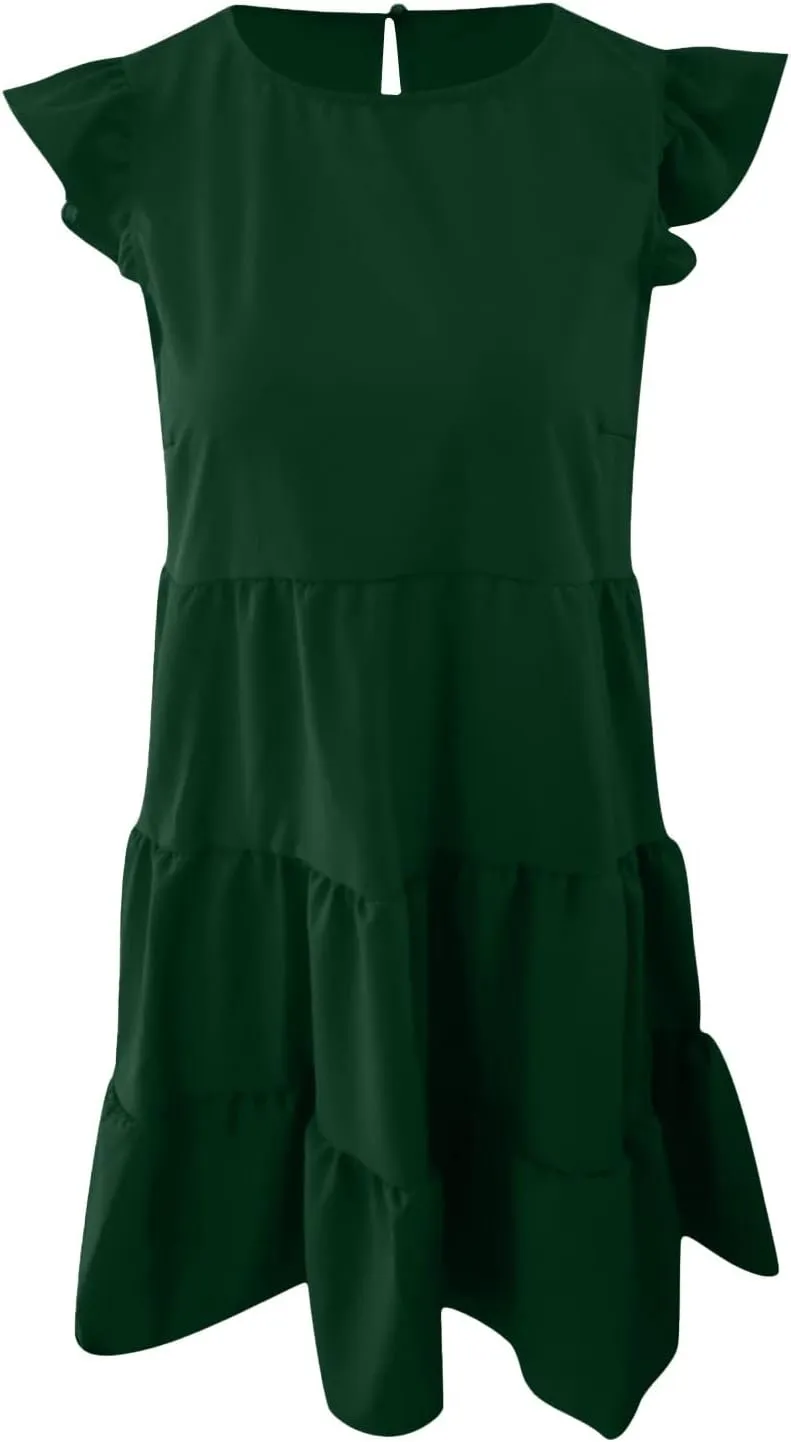 Womens Summer Sundresses 2024 Loose Sleeveless Solid Tiered Ruffle Dresses Swing Vacation Crew Neck Midi Dress