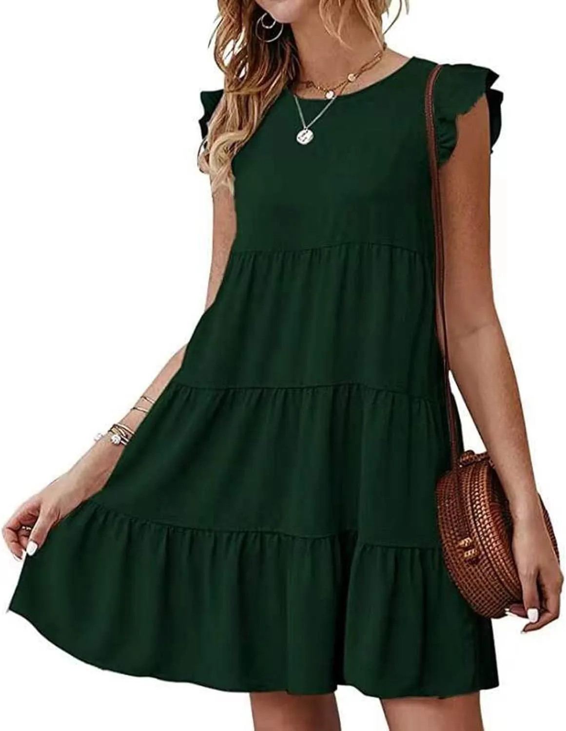 Womens Summer Sundresses 2024 Loose Sleeveless Solid Tiered Ruffle Dresses Swing Vacation Crew Neck Midi Dress