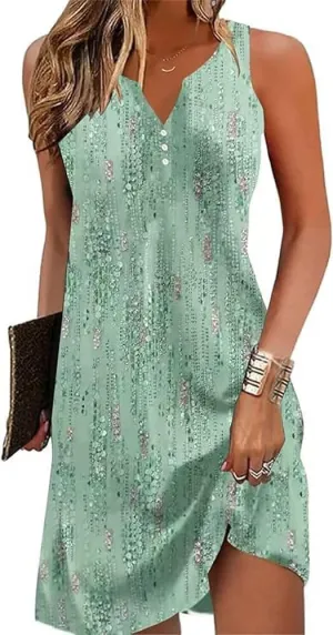 Womens Summer Tank Dress 2024 Casual Button Down V Neck Sleeveless Beach Boho Dresses Sundress A-Line Flowy