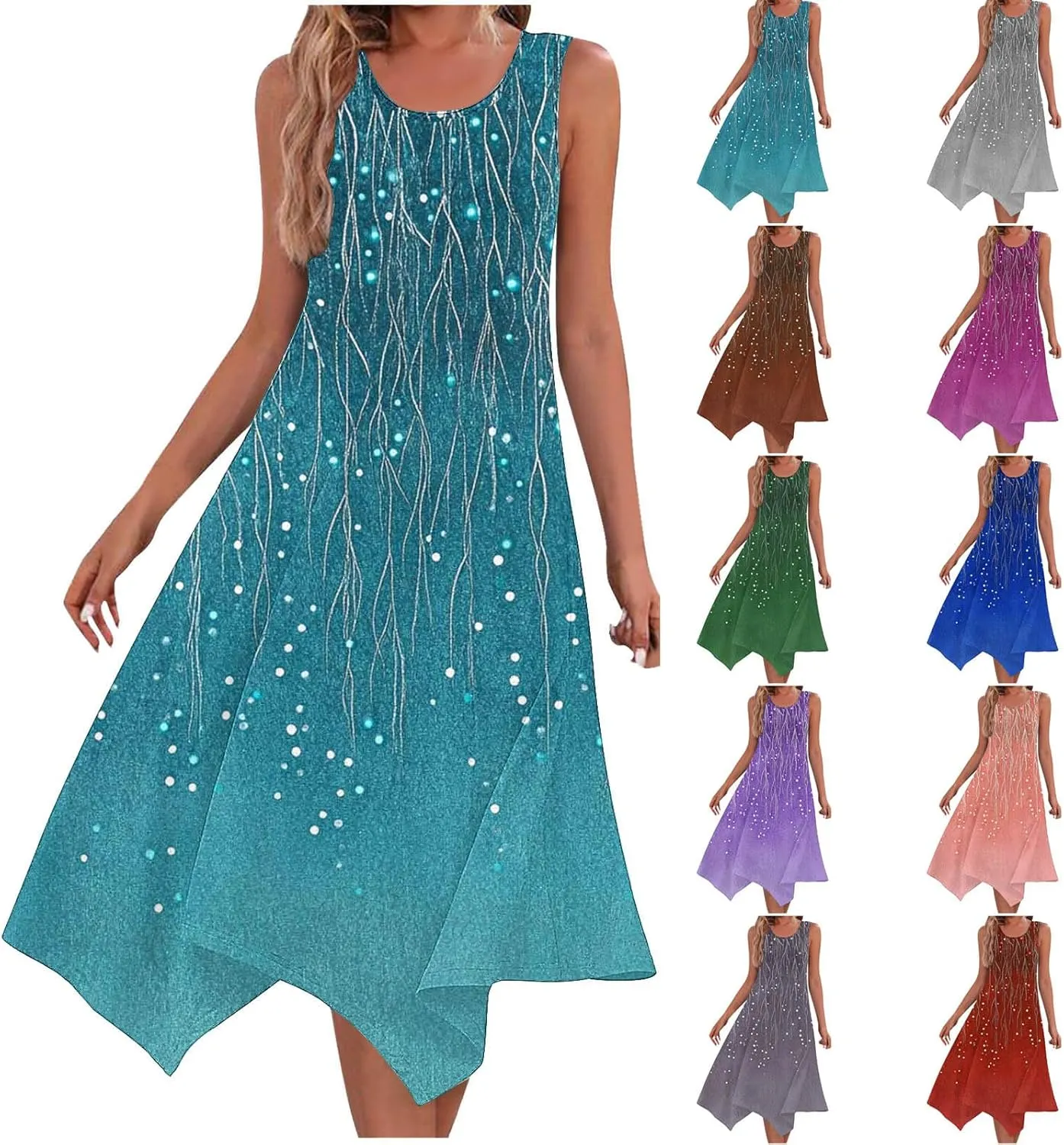 Womens Summer Tank Sleeveless Maxi Dresses Trendy Crewneck Floral Flowy Sundress Hankerchief Hem Ruffle Boho Dress