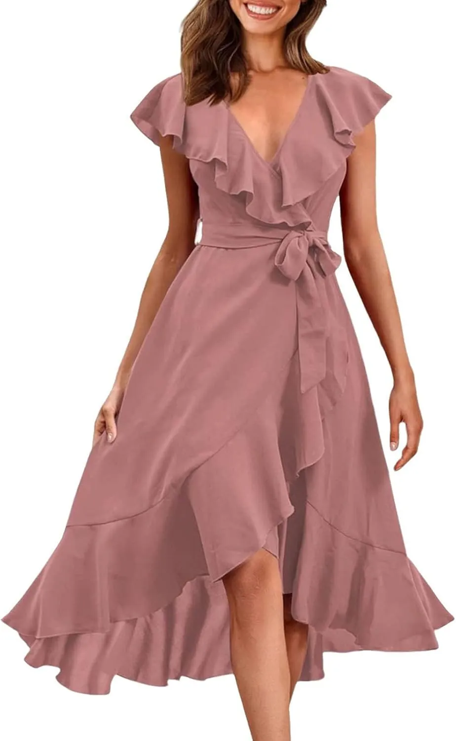 Women's Summer Wrapped Long Skirt Casual Subdeep V Neck Short Sleeve Frilly Split Beach Long Dress Womens Dresses