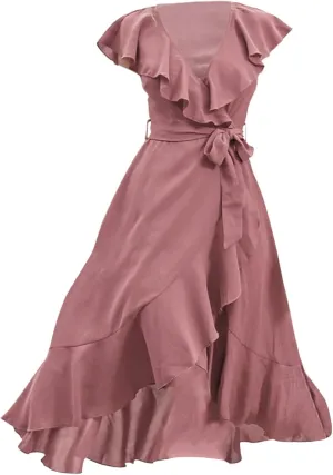 Women's Summer Wrapped Long Skirt Casual Subdeep V Neck Short Sleeve Frilly Split Beach Long Dress Womens Dresses