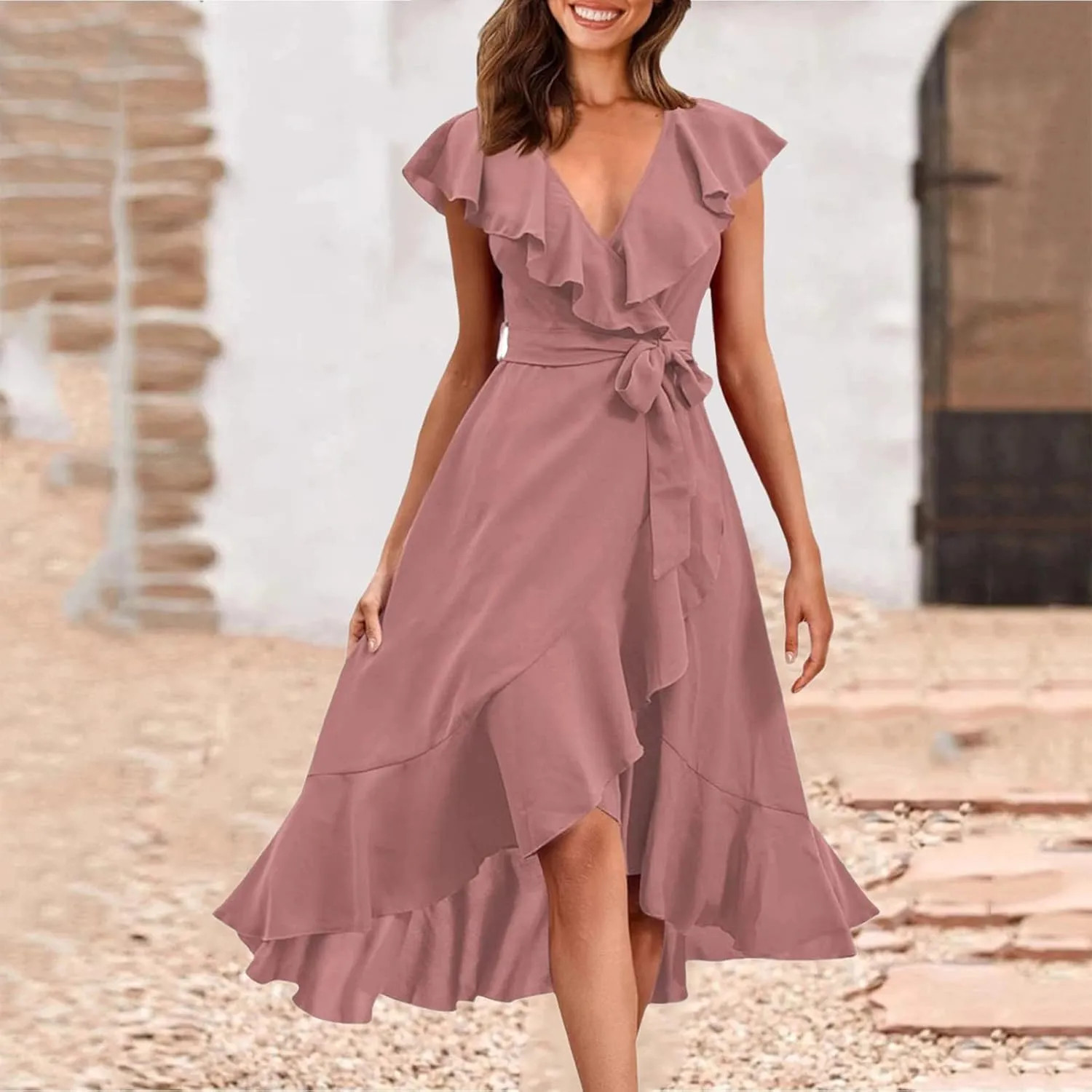 Women's Summer Wrapped Long Skirt Casual Subdeep V Neck Short Sleeve Frilly Split Beach Long Dress Womens Dresses