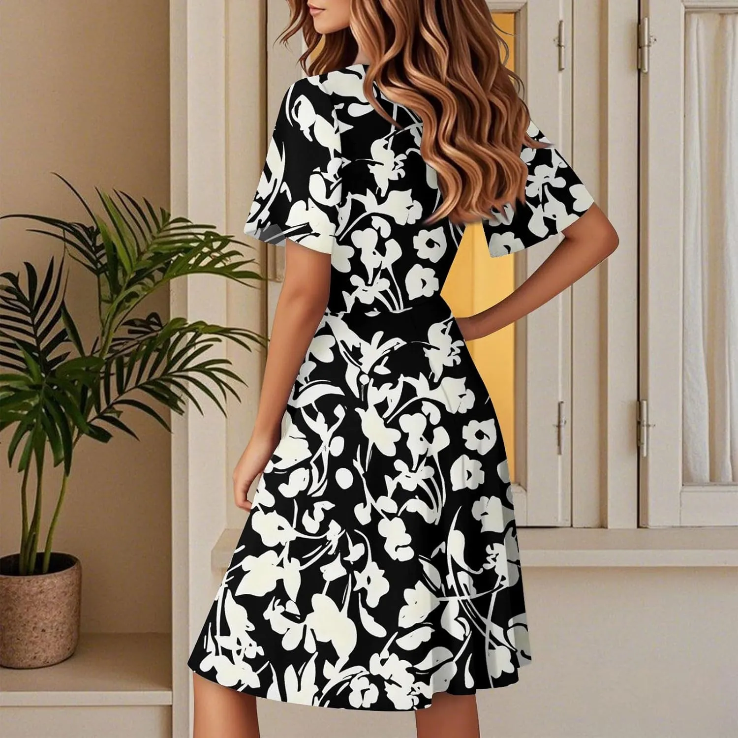Womens Sundress 2025 Spring Summer Floral Outfits Beach Vacation Clothes Short Sleeve Wrap V Neck A-Line Knee Length Dress