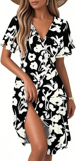 Womens Sundress 2025 Spring Summer Floral Outfits Beach Vacation Clothes Short Sleeve Wrap V Neck A-Line Knee Length Dress