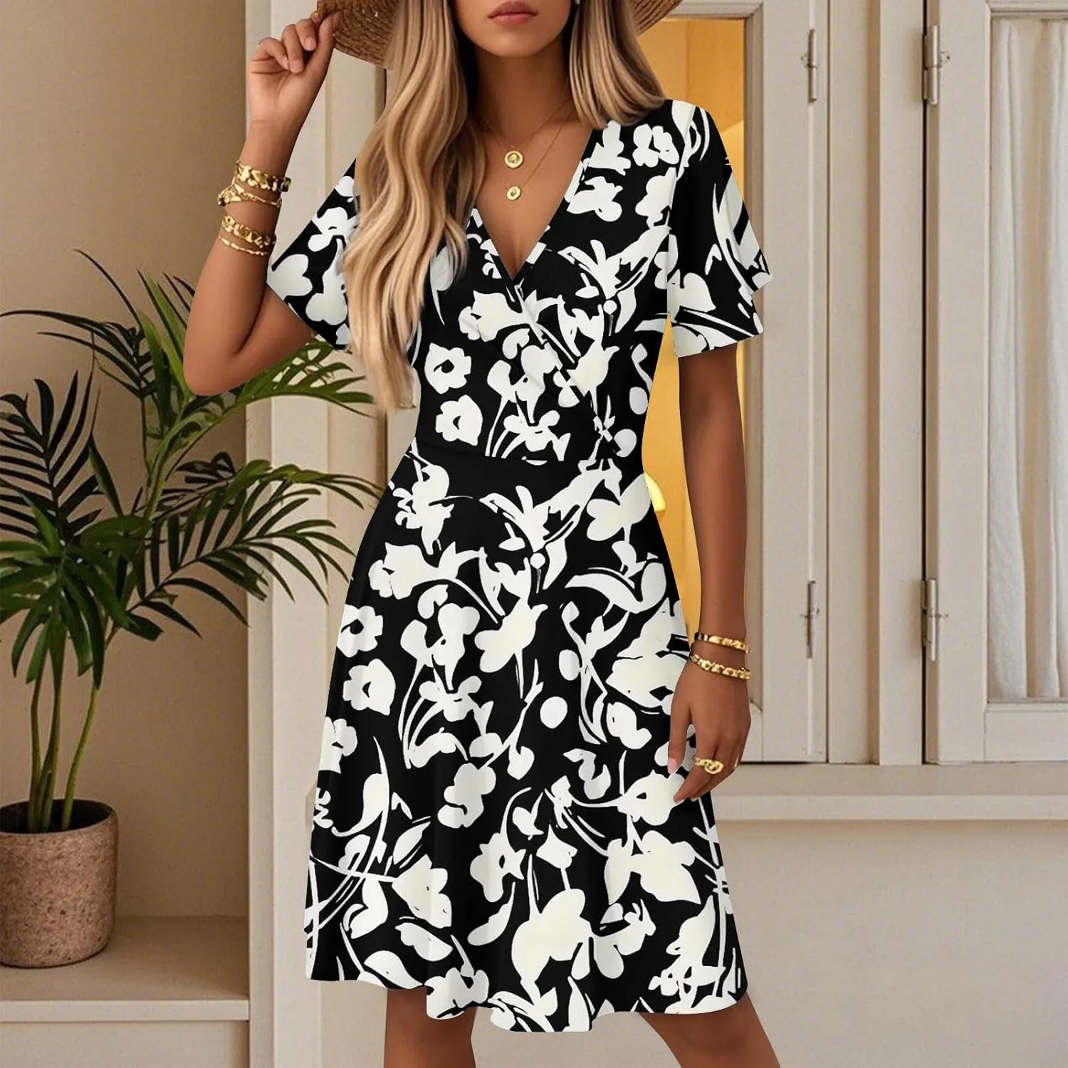 Womens Sundress 2025 Spring Summer Floral Outfits Beach Vacation Clothes Short Sleeve Wrap V Neck A-Line Knee Length Dress
