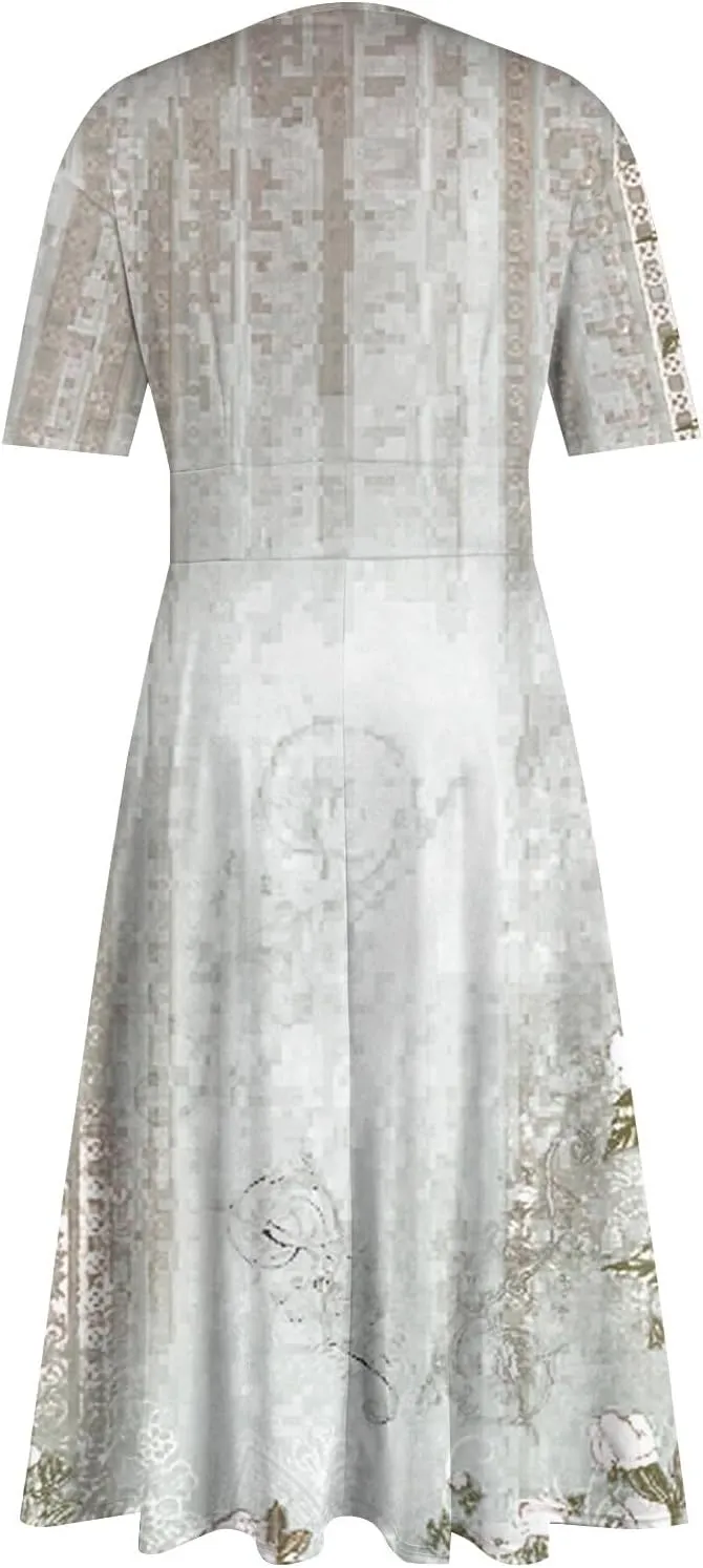 Women's Sundress Casual Loose Trendy Short Sleeve V-Neck Solid Floral Printed Beach Vacation Maxi Dresses, S-2XL
