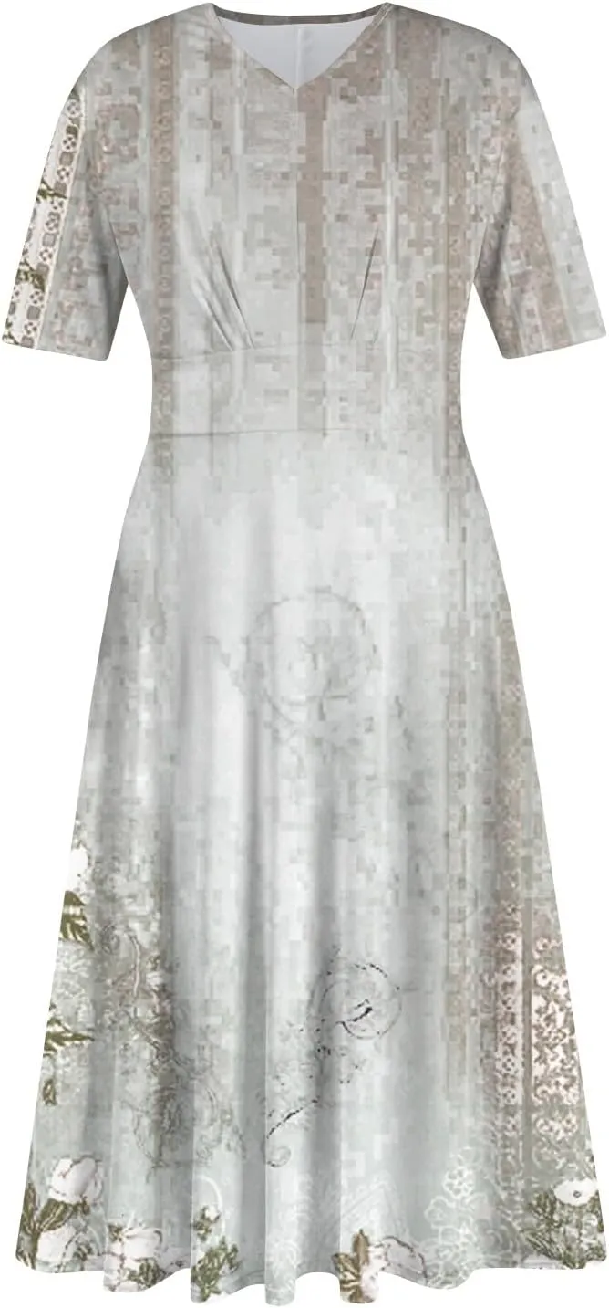 Women's Sundress Casual Loose Trendy Short Sleeve V-Neck Solid Floral Printed Beach Vacation Maxi Dresses, S-2XL