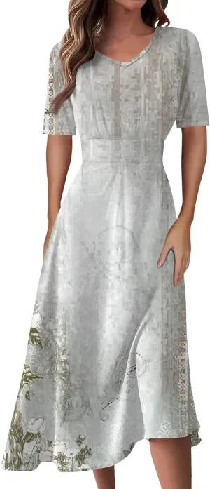 Women's Sundress Casual Loose Trendy Short Sleeve V-Neck Solid Floral Printed Beach Vacation Maxi Dresses, S-2XL