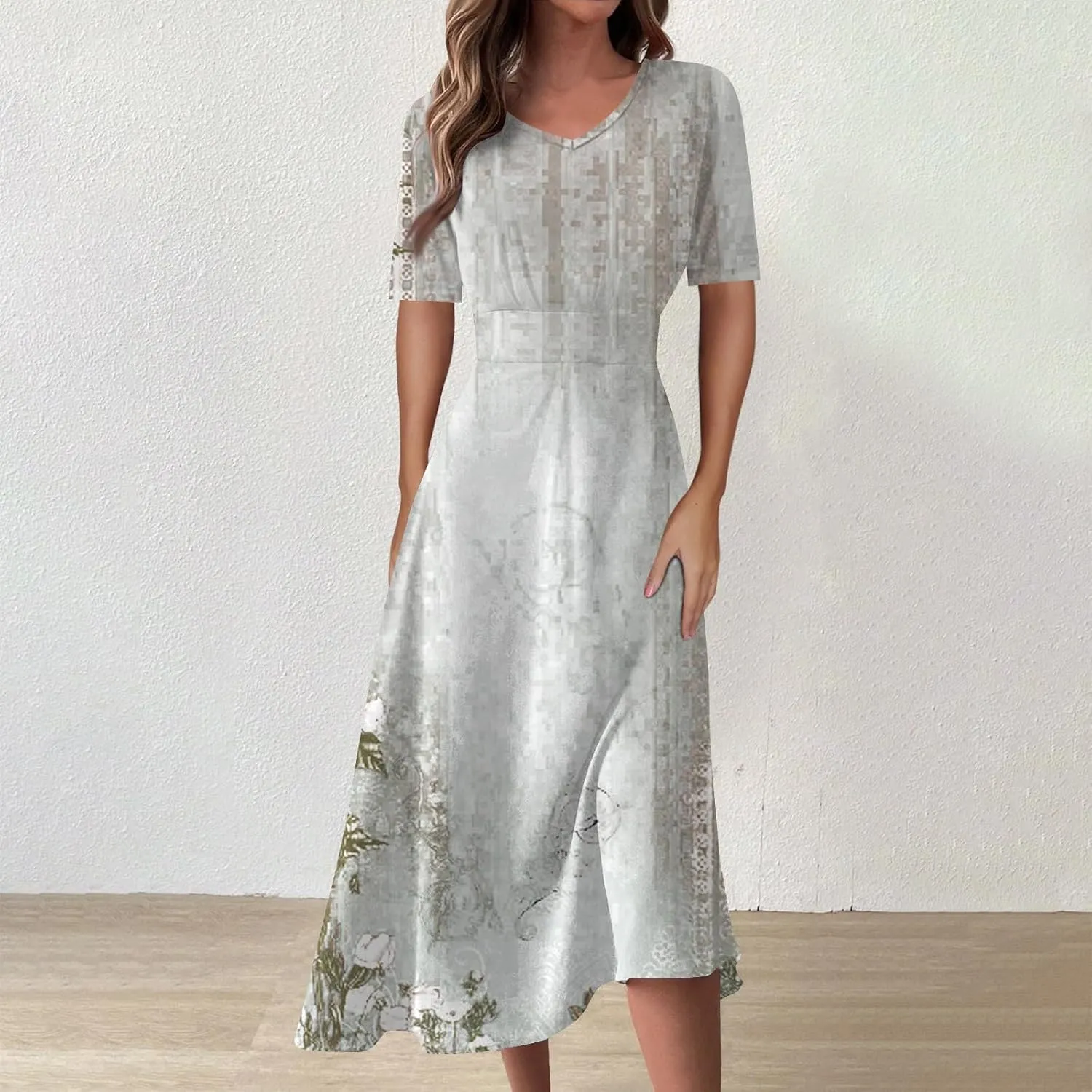 Women's Sundress Casual Loose Trendy Short Sleeve V-Neck Solid Floral Printed Beach Vacation Maxi Dresses, S-2XL