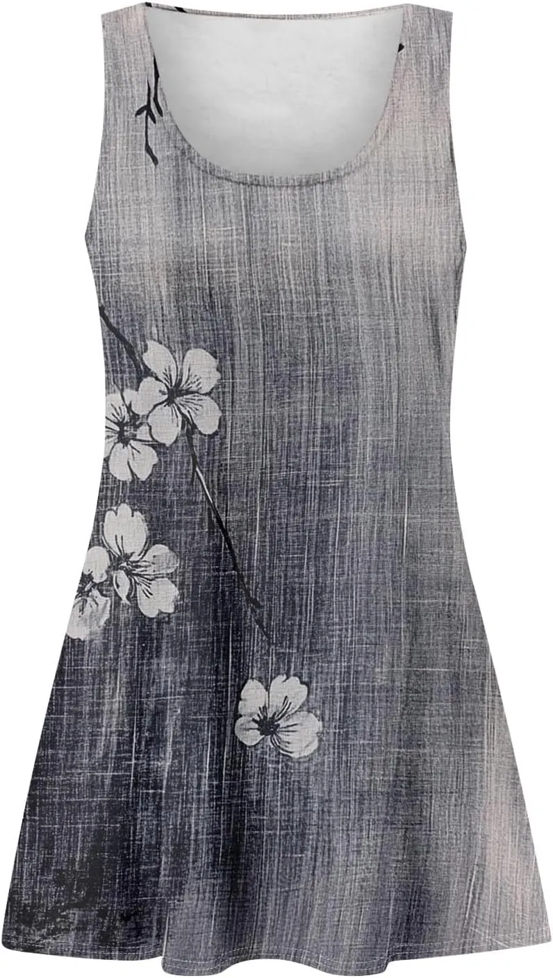 Women's Sundresses 2025 Sleeveless Crew Neck Floral Beach Boho Vintage Flowy Mini Dress Summer, S-3XL