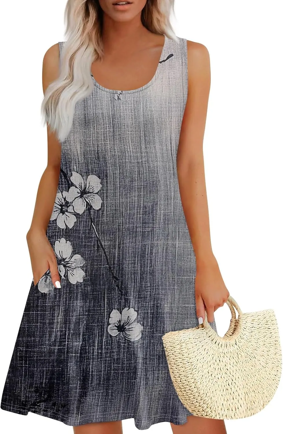 Women's Sundresses 2025 Sleeveless Crew Neck Floral Beach Boho Vintage Flowy Mini Dress Summer, S-3XL