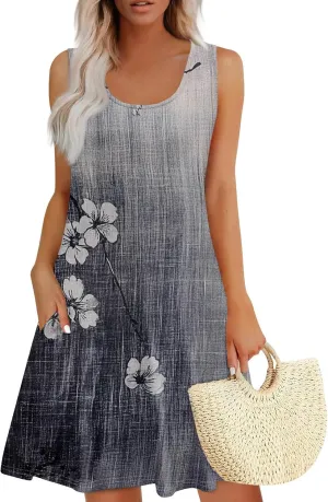 Women's Sundresses 2025 Sleeveless Crew Neck Floral Beach Boho Vintage Flowy Mini Dress Summer, S-3XL