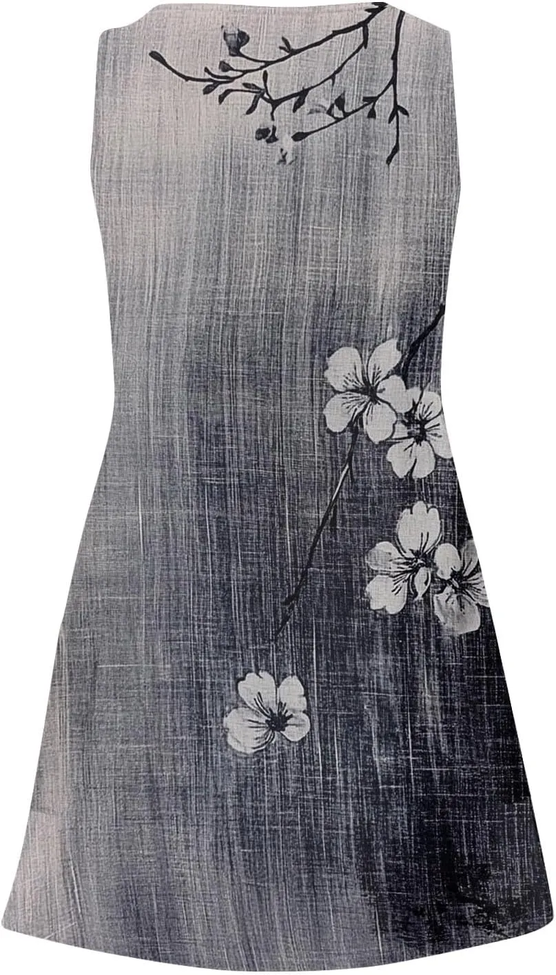 Women's Sundresses 2025 Sleeveless Crew Neck Floral Beach Boho Vintage Flowy Mini Dress Summer, S-3XL
