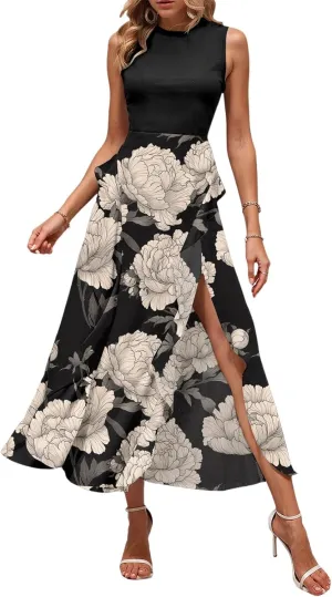 Women's Sundresses 2025 Summer Casual Loose Trendy Sleeveless Floral Print Split Beach Boho Maxi Dress, S-2XL