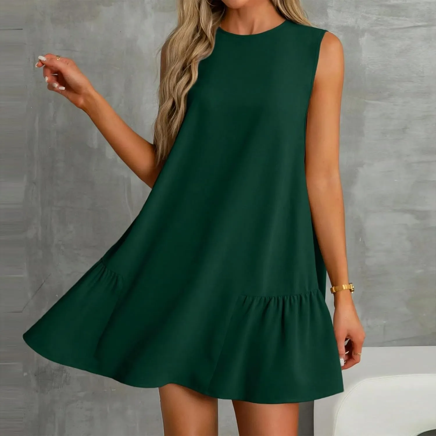 Women's Sundresses 2025 Summer Sleeveless Round Neck Solid Color Ruffle Beach Vacation Mini Dresses, S-2XL