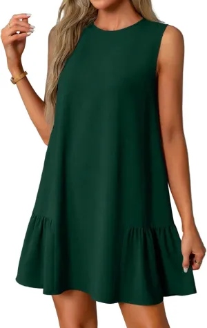Women's Sundresses 2025 Summer Sleeveless Round Neck Solid Color Ruffle Beach Vacation Mini Dresses, S-2XL
