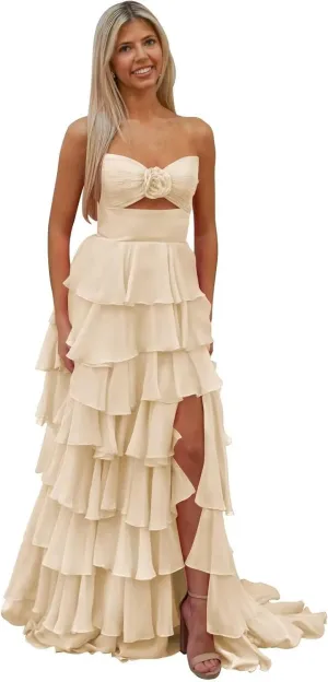 Women's Tiered 3D Flower Prom Dress with Slit 2025 Strapless Ruffle Chiffon Formal Evening Gowns