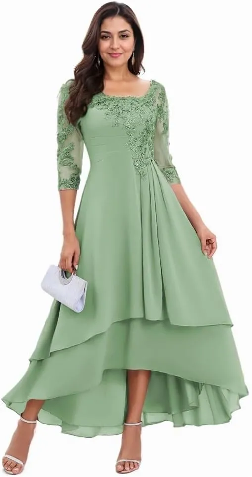 Womens Tiered High Low Mother of The Bride Dresses Lace Appliqus Chiffon A Line Formal Prom Gown