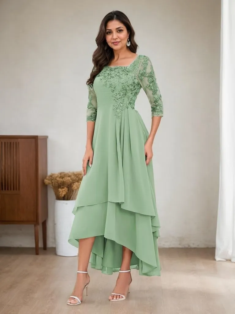 Womens Tiered High Low Mother of The Bride Dresses Lace Appliqus Chiffon A Line Formal Prom Gown