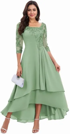 Womens Tiered High Low Mother of The Bride Dresses Lace Appliqus Chiffon A Line Formal Prom Gown