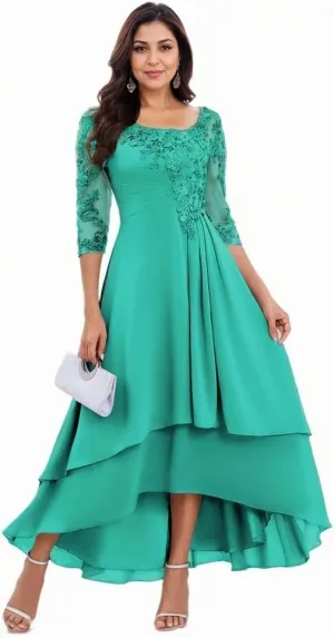 Womens Tiered High Low Mother of The Bride Dresses Lace Appliqus Chiffon A Line Formal Prom Gown
