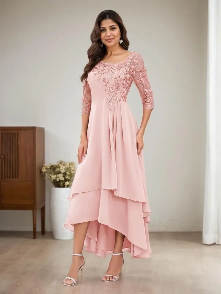 Womens Tiered High Low Mother of The Bride Dresses Lace Appliqus Chiffon A Line Formal Prom Gown