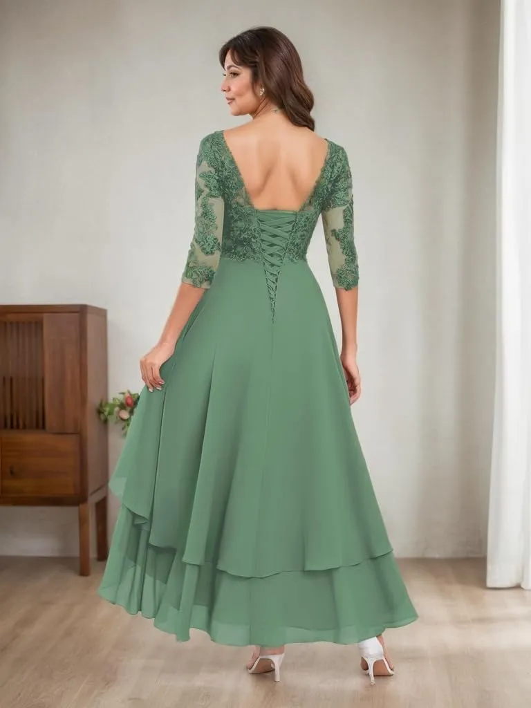 Womens Tiered High Low Mother of The Bride Dresses Lace Appliqus Chiffon A Line Formal Prom Gown