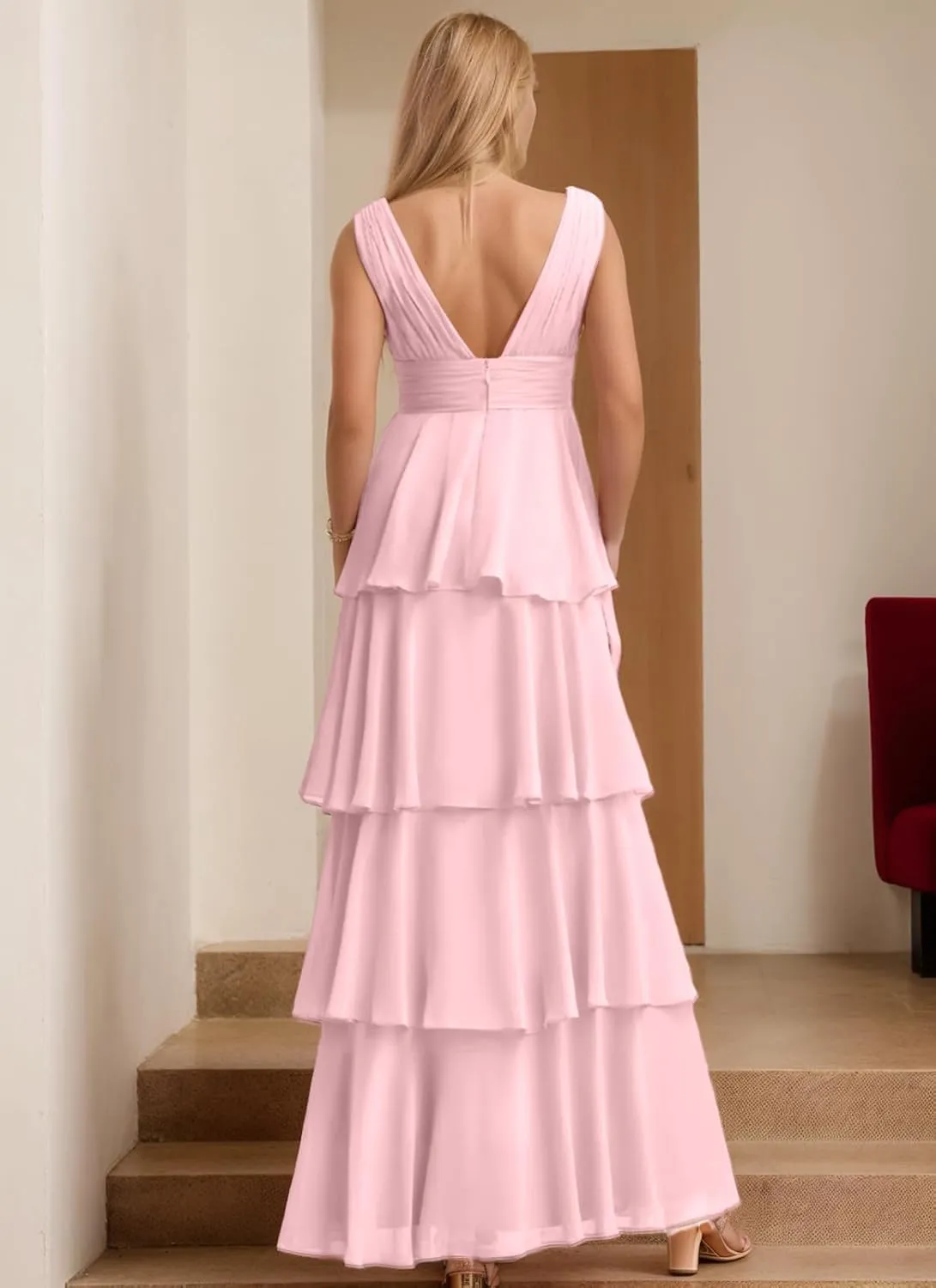 Women's Tiered Ruffle Chiffon Bridesmaid Dresses for Women A Line Formal Evening Gown Long Flowy Prom Dresses
