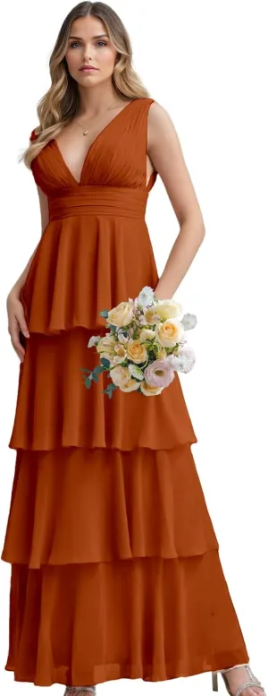 Women's Tiered Ruffle Chiffon Bridesmaid Dresses for Women A Line Formal Evening Gown Long Flowy Prom Dresses