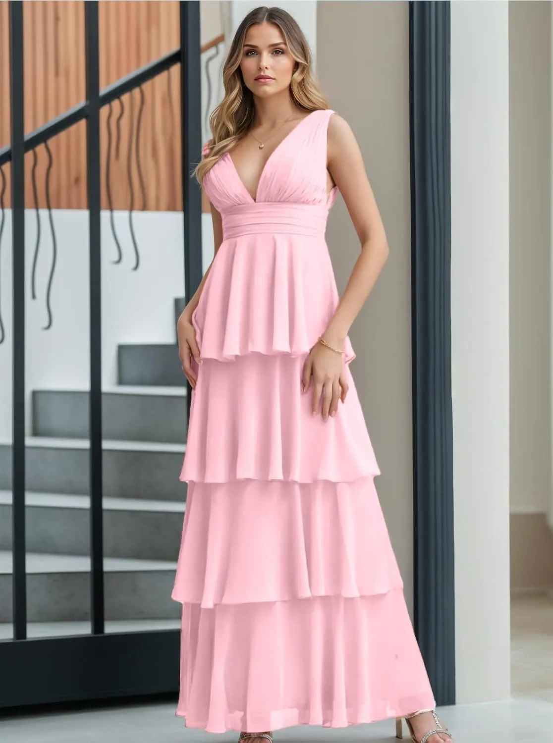 Women's Tiered Ruffle Chiffon Bridesmaid Dresses for Women A Line Formal Evening Gown Long Flowy Prom Dresses