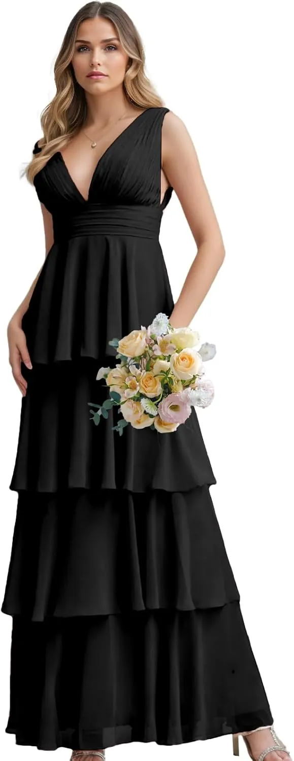 Women's Tiered Ruffle Chiffon Bridesmaid Dresses for Women A Line Formal Evening Gown Long Flowy Prom Dresses