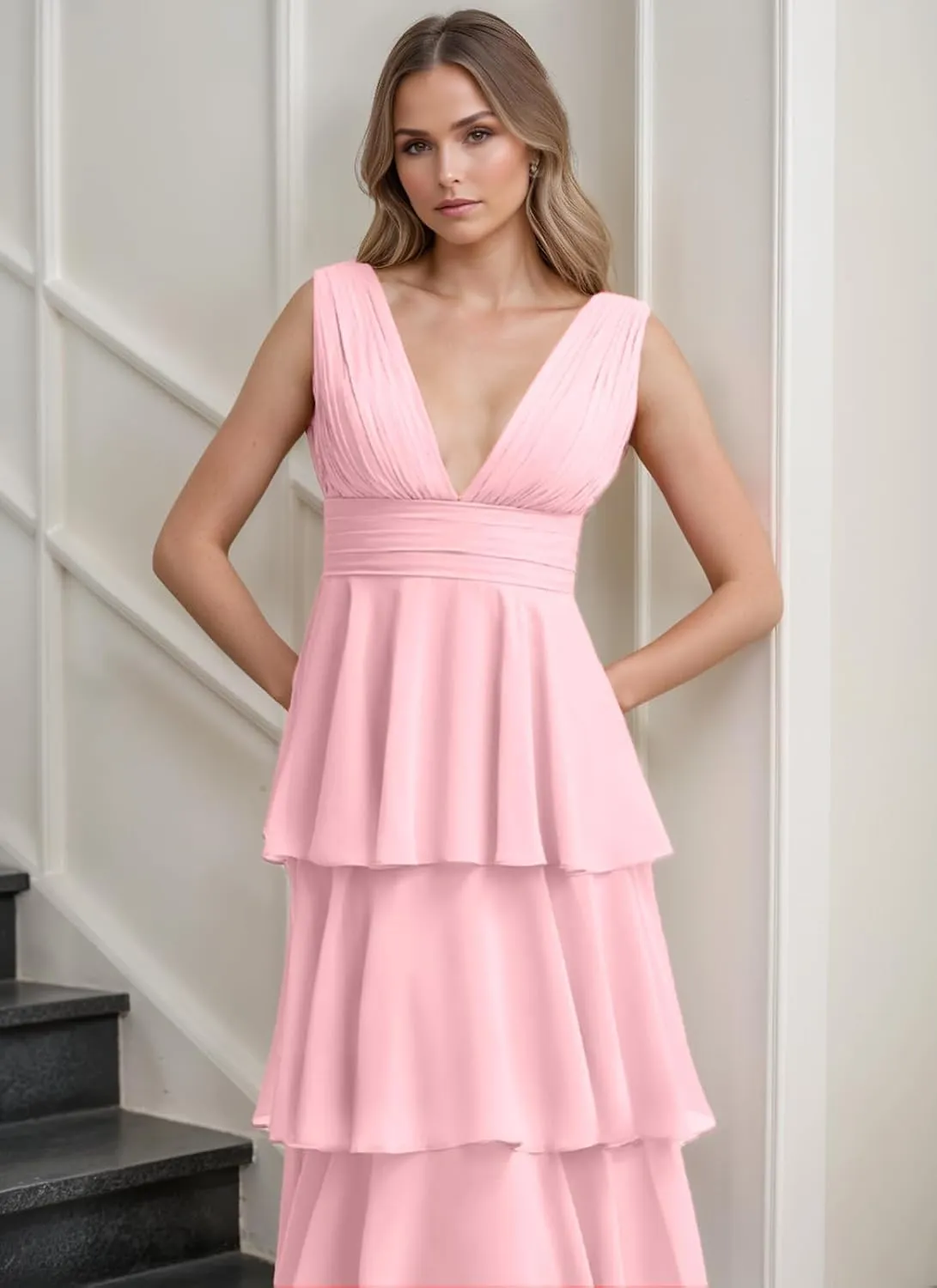 Women's Tiered Ruffle Chiffon Bridesmaid Dresses for Women A Line Formal Evening Gown Long Flowy Prom Dresses