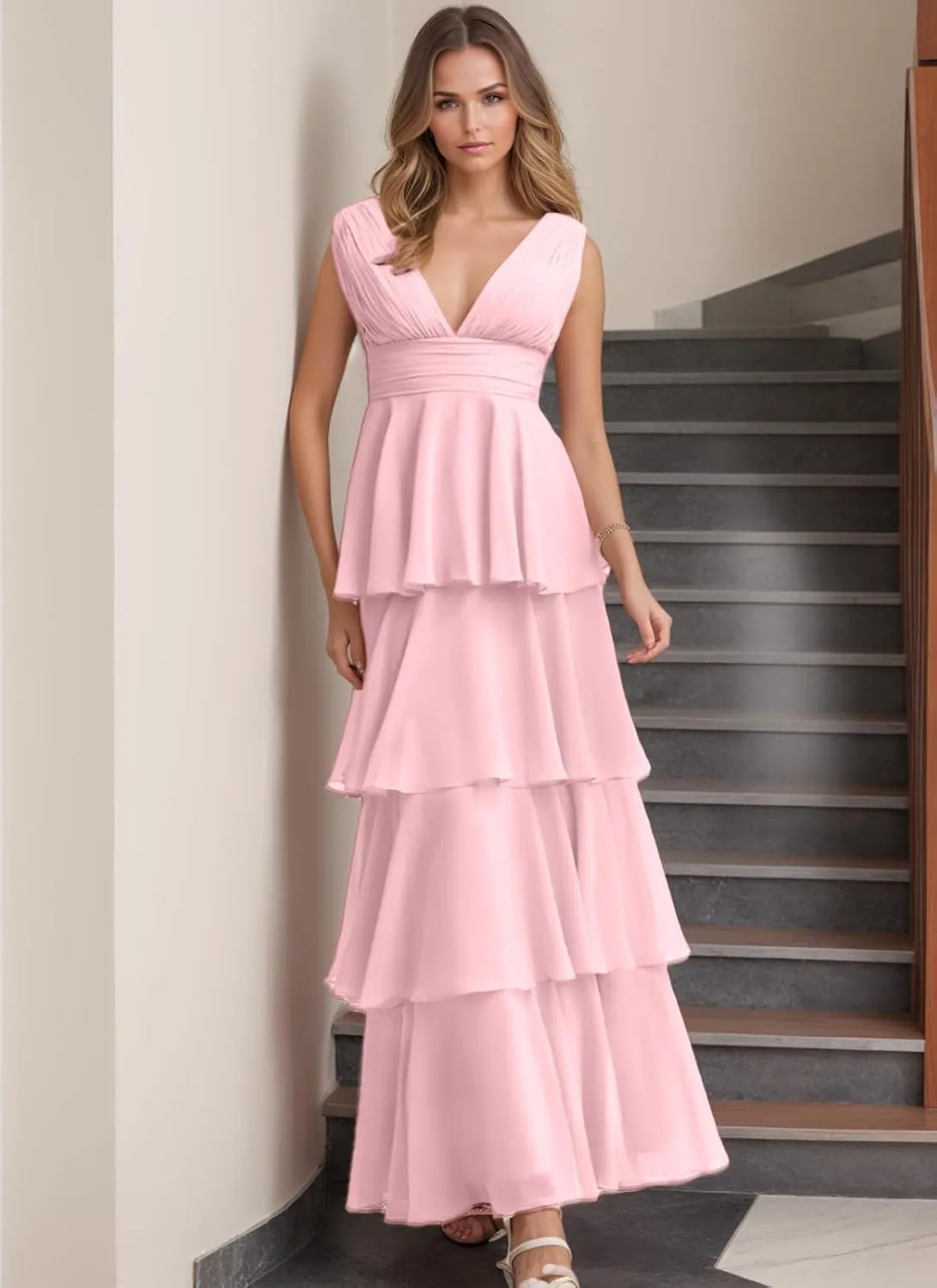 Women's Tiered Ruffle Chiffon Bridesmaid Dresses for Women A Line Formal Evening Gown Long Flowy Prom Dresses